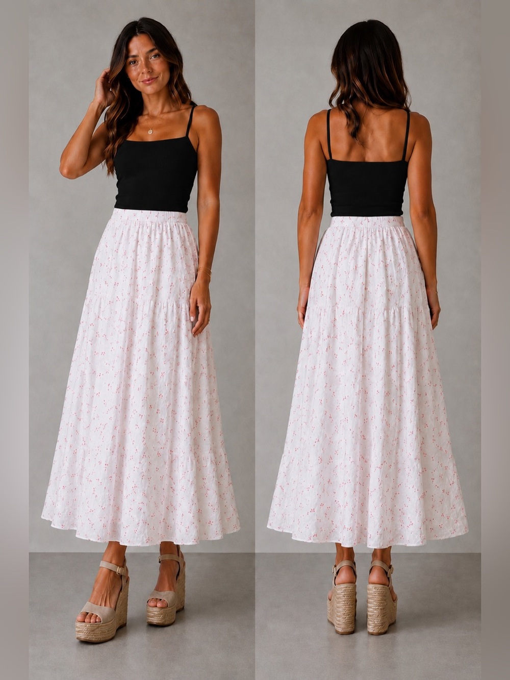Zara NWT White Cherry Embroidered Structured Layered Midi Skirt - Cottagecore